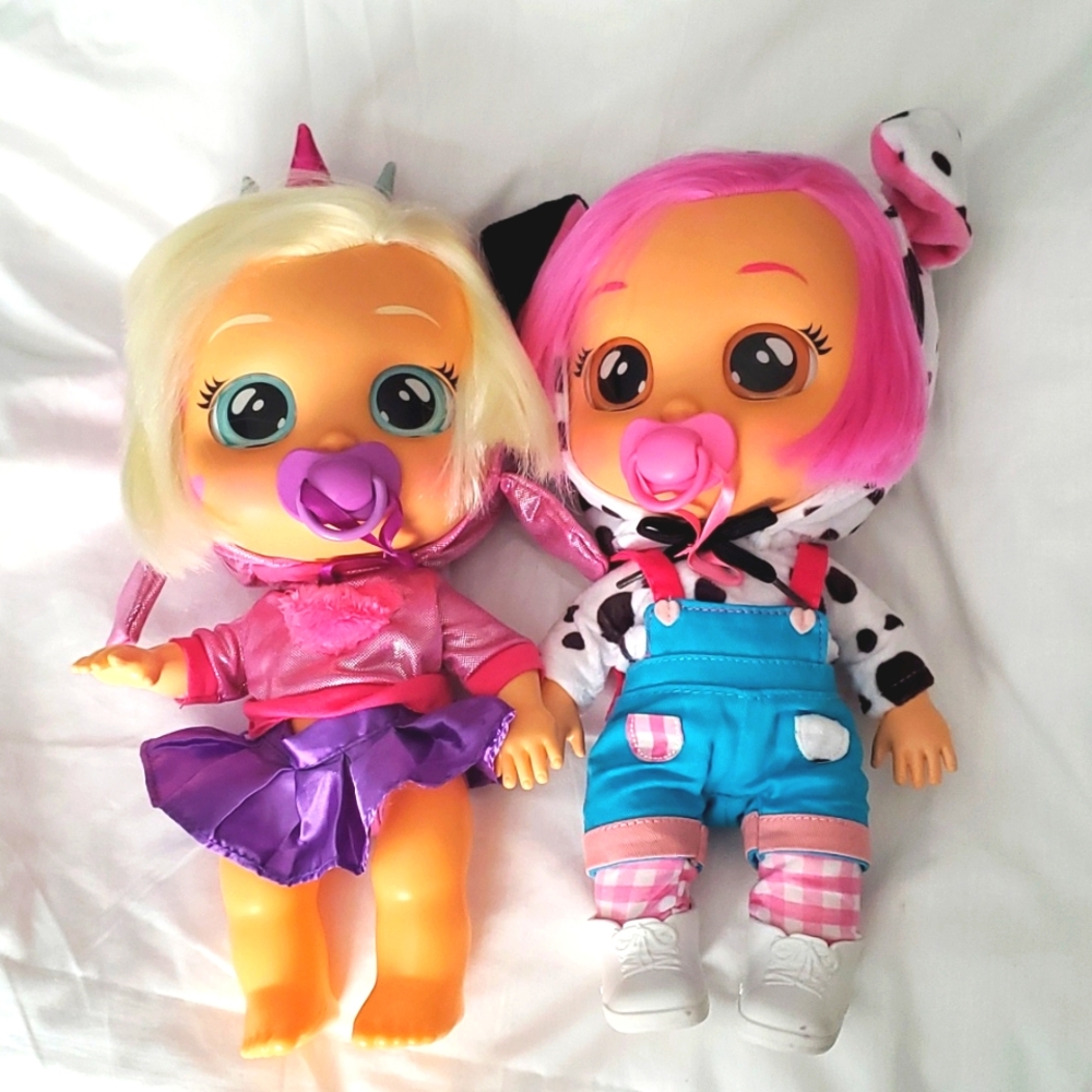 : 2 IMC Cry Baby Doll cry babies doll in dalmatian dog hoodie dressy dotty